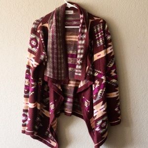 Impressions | Aztec Print Open Front Cardigan Red